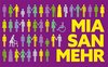 Banner mit dem Text "MIA SAN MEHR" sowie Menschen-Piktogrammen in verschiedenen Farben, die für die Vielfalt der Menschen stehen: zum Beispiel männliche und weibliche sowie transgeschlechtliche Personen, Einzelpersonen und Paare - heterosexuell und gleichgeschlechtlich oder auch Menschen im Rollstuhl
